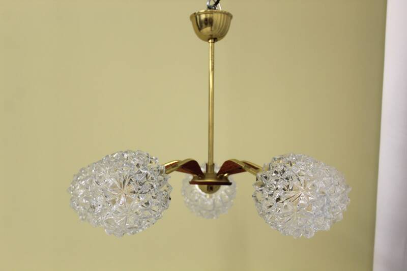 Vintage pendant lamp, 5-arms - brass, crystal, teak wood, 1960s | 00794