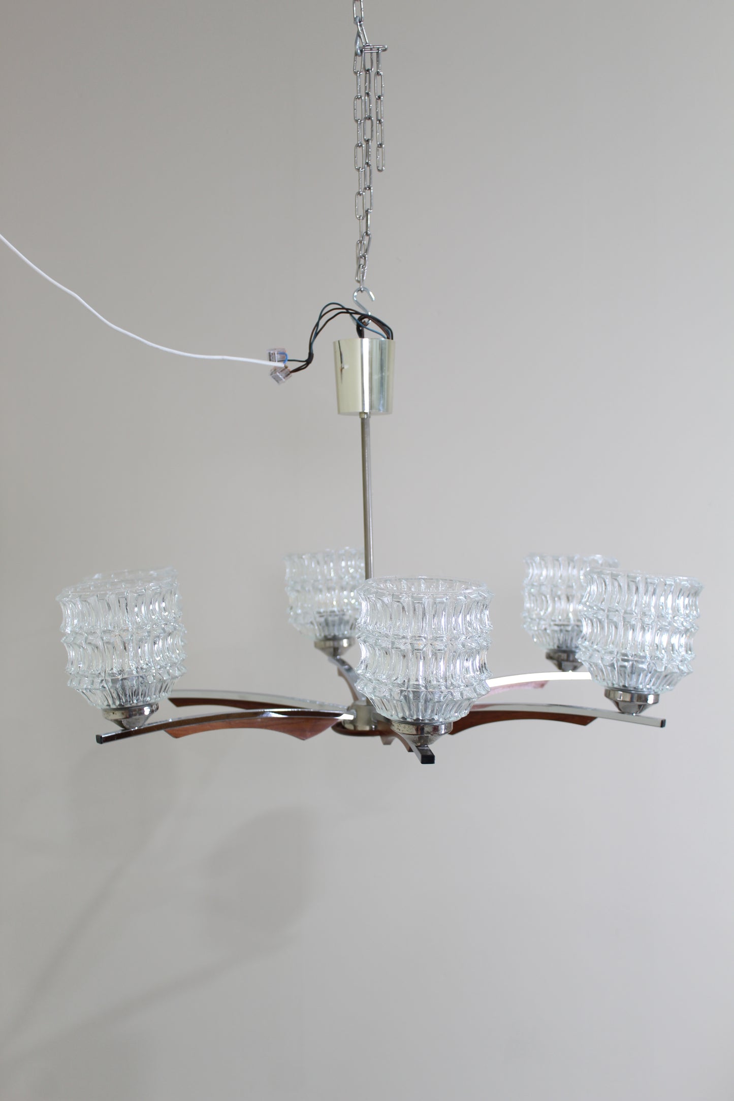 Vintage Deckenlampe, Kronleuchter - 60er Jahre, Holz, Glas