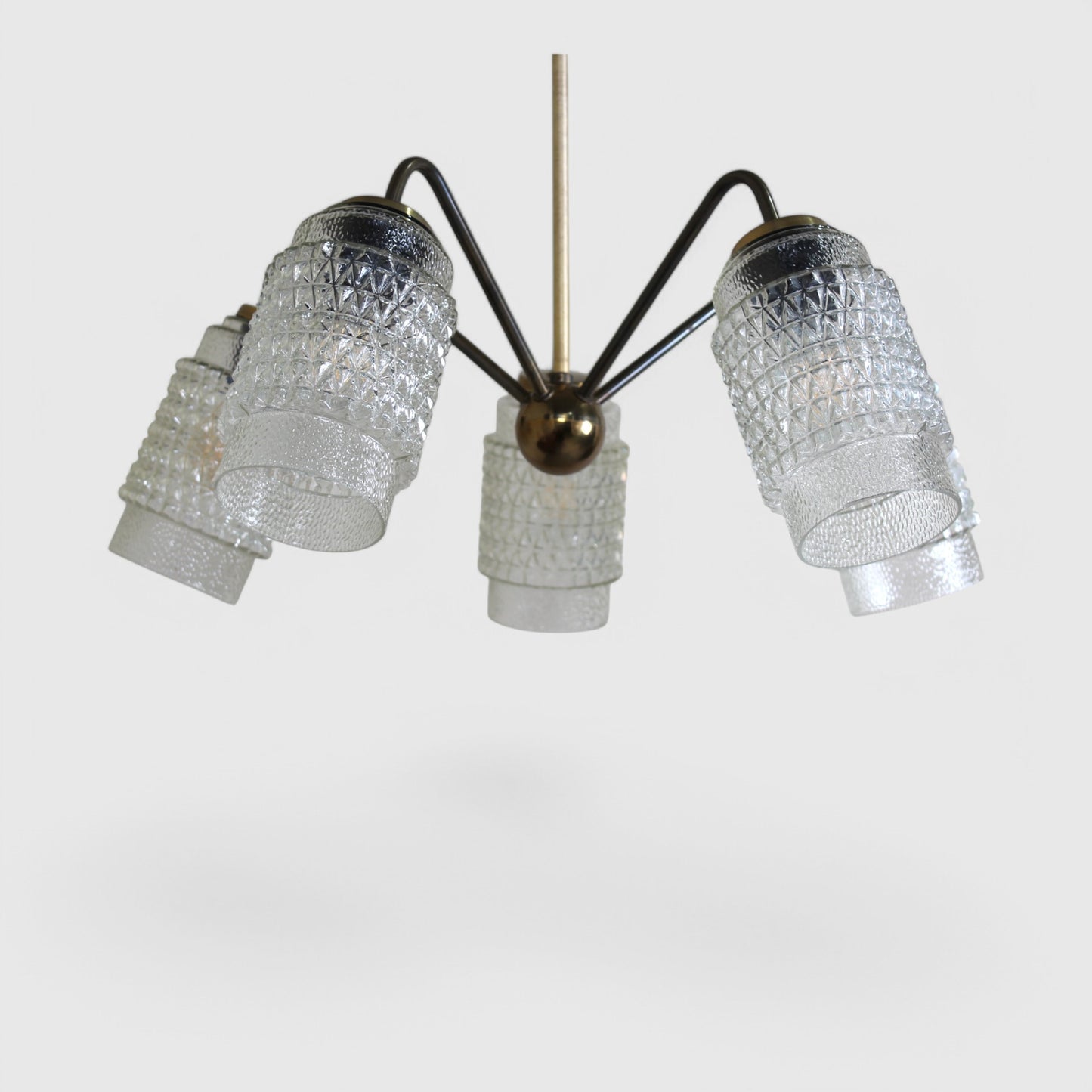 Vintage plafondlamp, kroonluchter - jaren '60, messing, glas