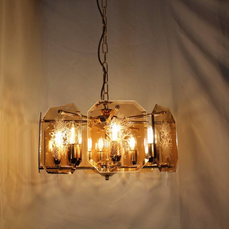 Vintage hanglamp facetgeslepen rookglas
