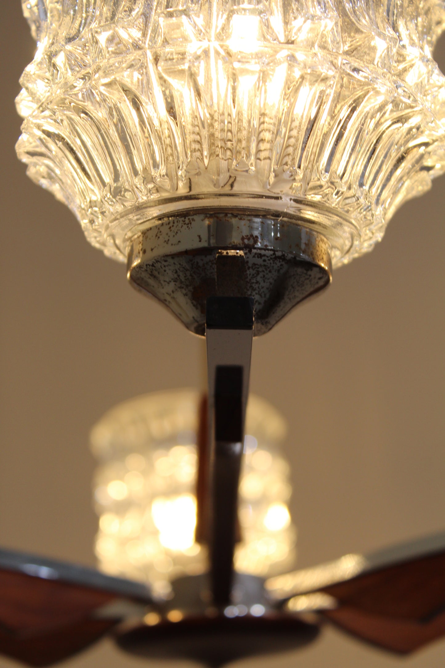 Vintage Deckenlampe, Kronleuchter - 60er Jahre, Holz, Glas