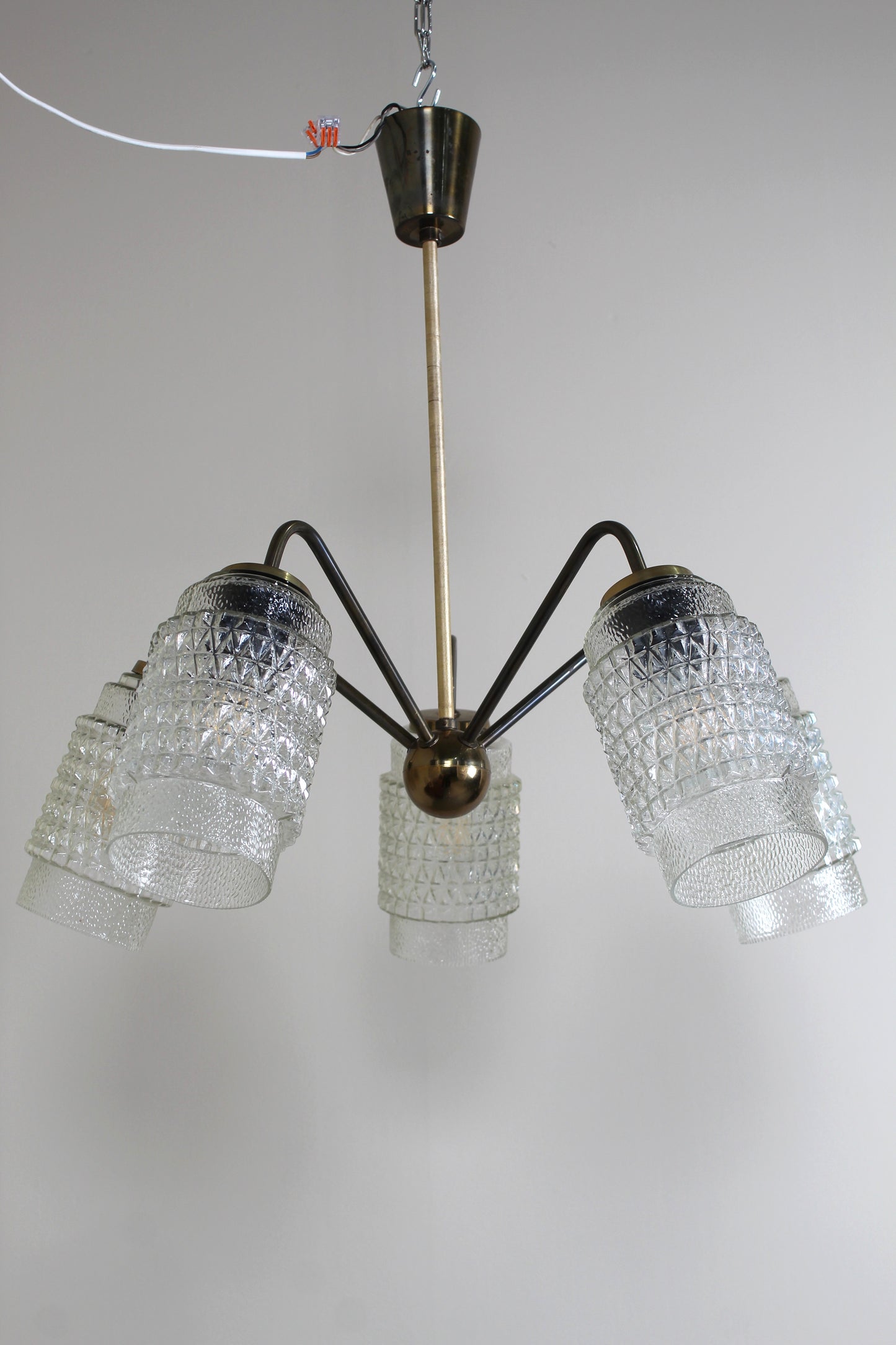 Vintage plafondlamp, kroonluchter - jaren '60, messing, glas