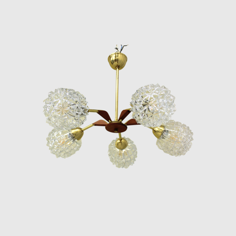 Vintage pendant lamp, 5-arms - brass, crystal, teak wood, 1960s | 00794