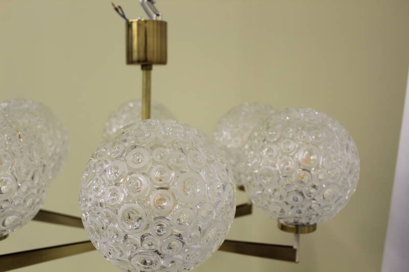 Vintage pendant lamp, 6-arms - brass, pressed glass, 1960s | 00801