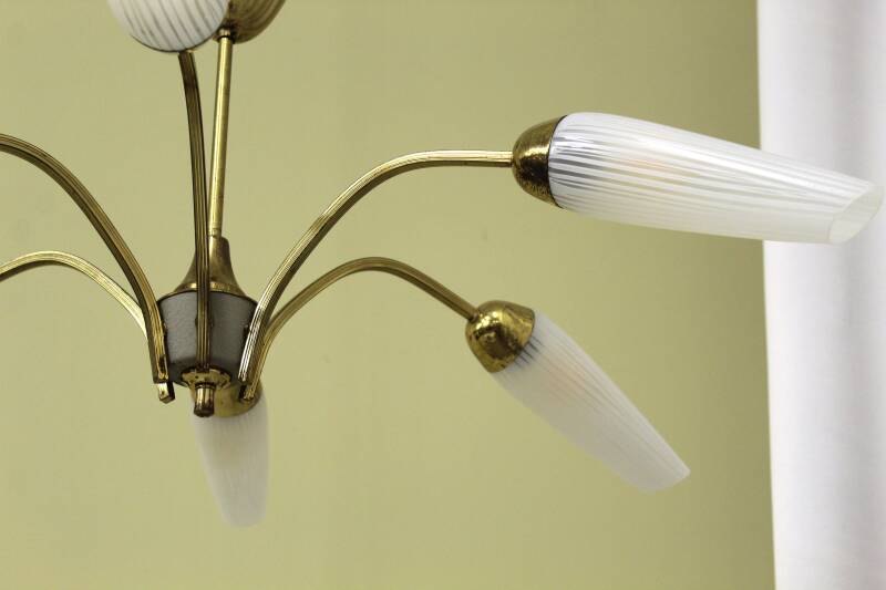 Vintage hanglamp, 6-armig - messing, glas jaren '60/'70 | 00797