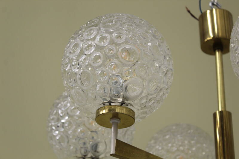 Vintage pendant lamp, 6-arms - brass, pressed glass, 1960s | 00801