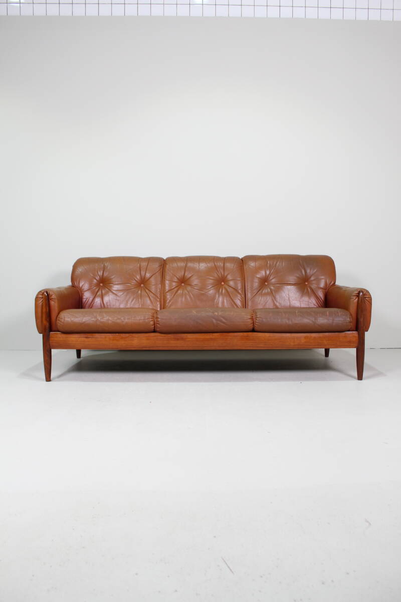 Vintage leather 3-seater sofa - 1960s, brown | 01431