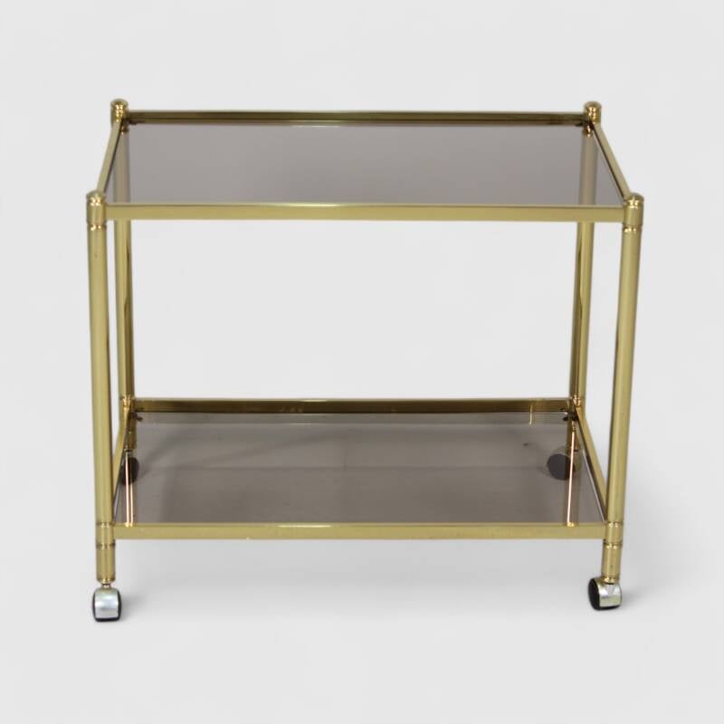 Vintage barcart, serveerwagen - messing, rookglas, jaren '70
