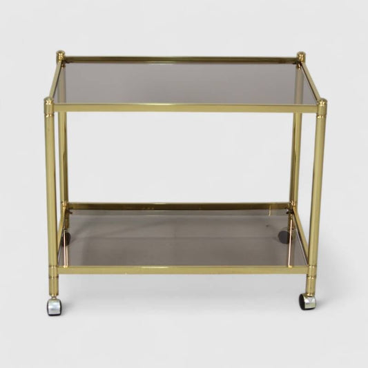 Vintage barcart, serveerwagen - messing, rookglas, jaren '70