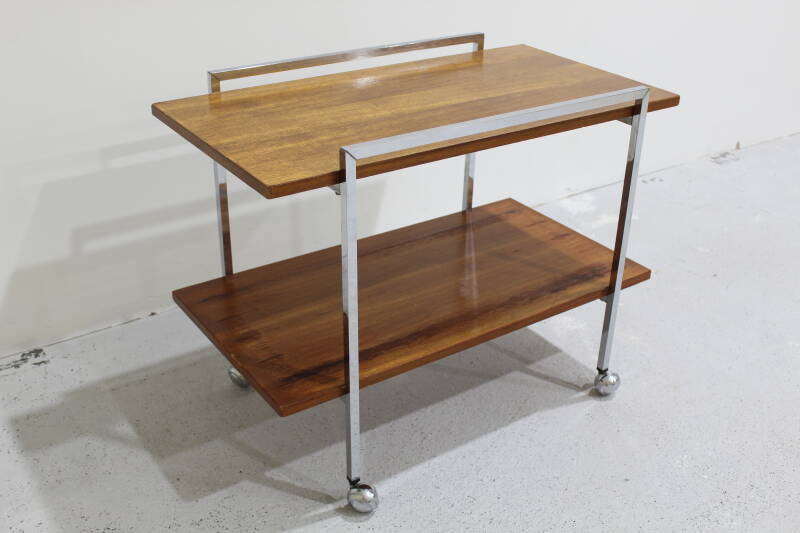 Vintage serveerwagen, barcart - jaren '60, chroom hout | 01093