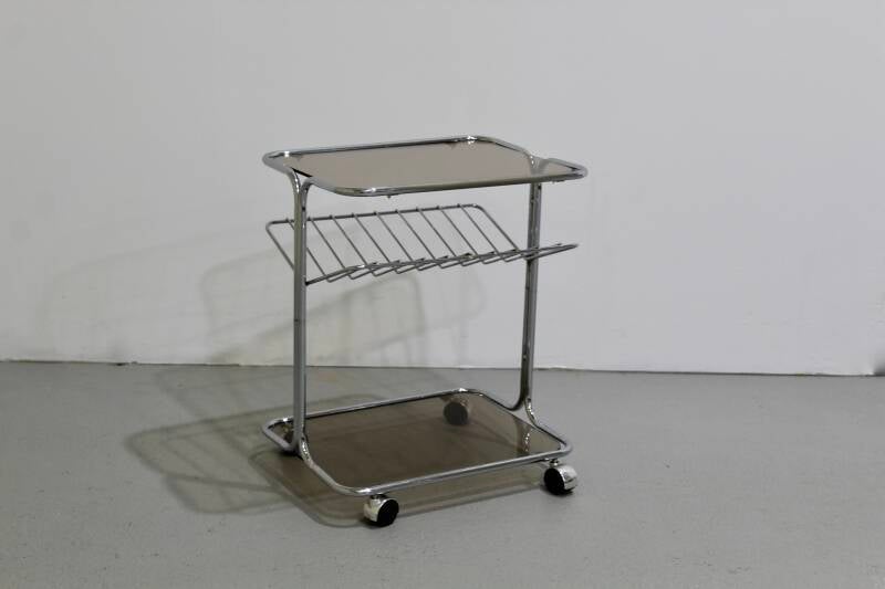 Vintage bijzettafel, trolley, lectuurmand - Jaren '80, rookglas | 01187