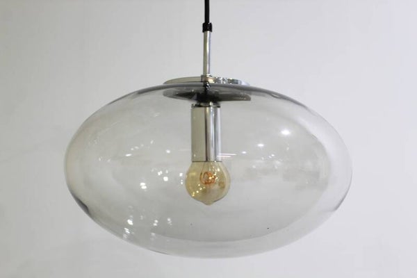 Vintage Glashütte Limburg Pendelleuchte - ovales Rauchglas, Chrom, 1960er | 01226
