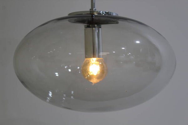 Vintage Glashütte Limburg Pendelleuchte - ovales Rauchglas, Chrom, 1960er | 01226