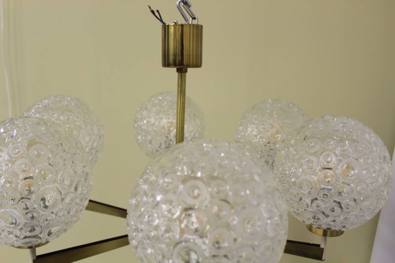 Vintage pendant lamp, 6-arms - brass, pressed glass, 1960s | 00801