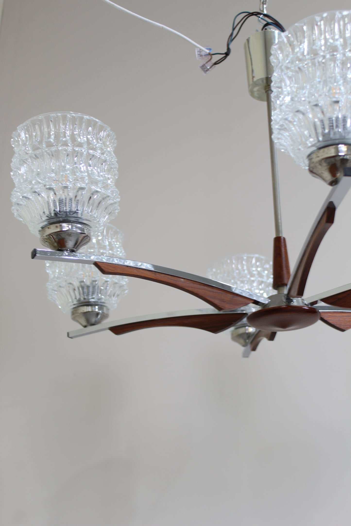 Vintage Deckenlampe, Kronleuchter - 60er Jahre, Holz, Glas