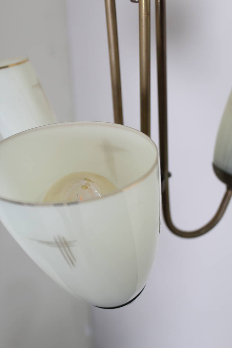Vintage hanglamp, 3-armig - messing, glas jaren '50 | 01356