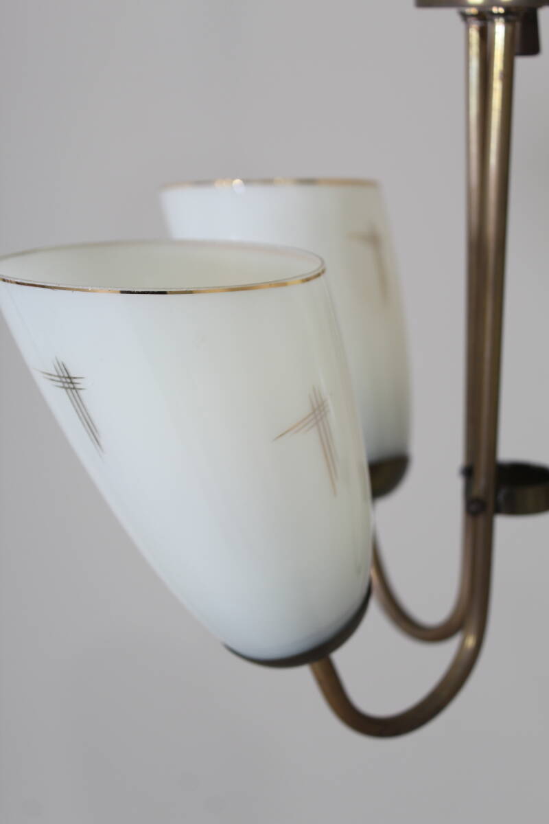 Vintage hanglamp, 3-armig - messing, glas jaren '50 | 01356
