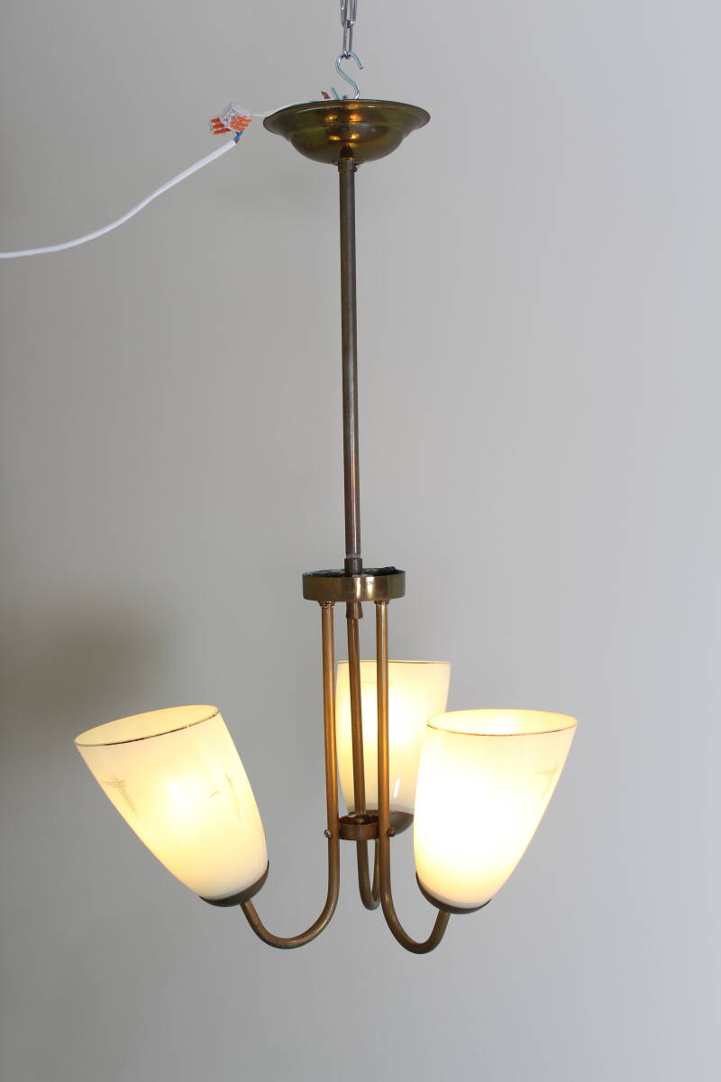 Vintage hanglamp, 3-armig - messing, glas jaren '50 | 01356