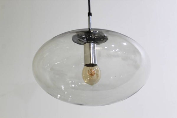 Vintage Glashütte Limburg Pendelleuchte - ovales Rauchglas, Chrom, 1960er | 01226
