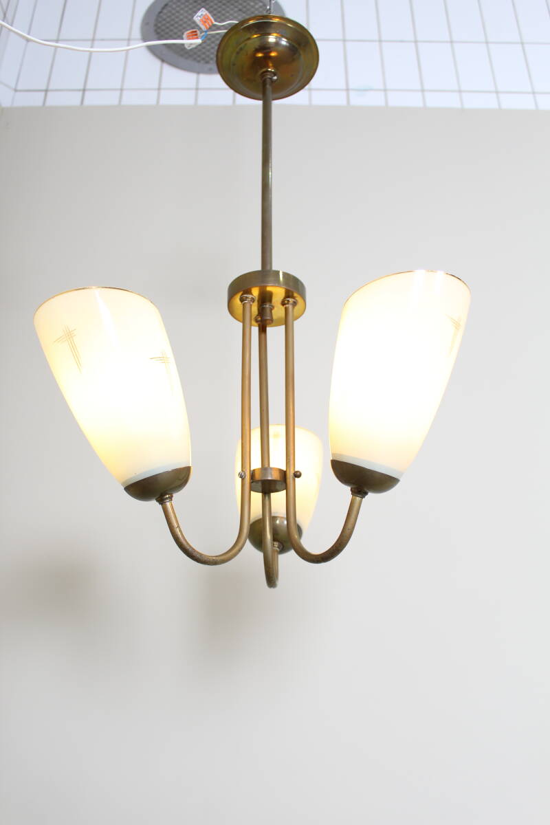 Vintage hanglamp, 3-armig - messing, glas jaren '50 | 01356