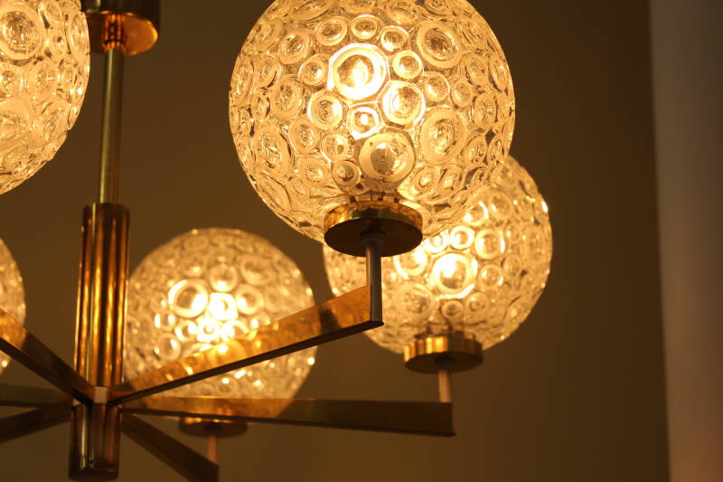 Vintage pendant lamp, 6-arms - brass, pressed glass, 1960s | 00801
