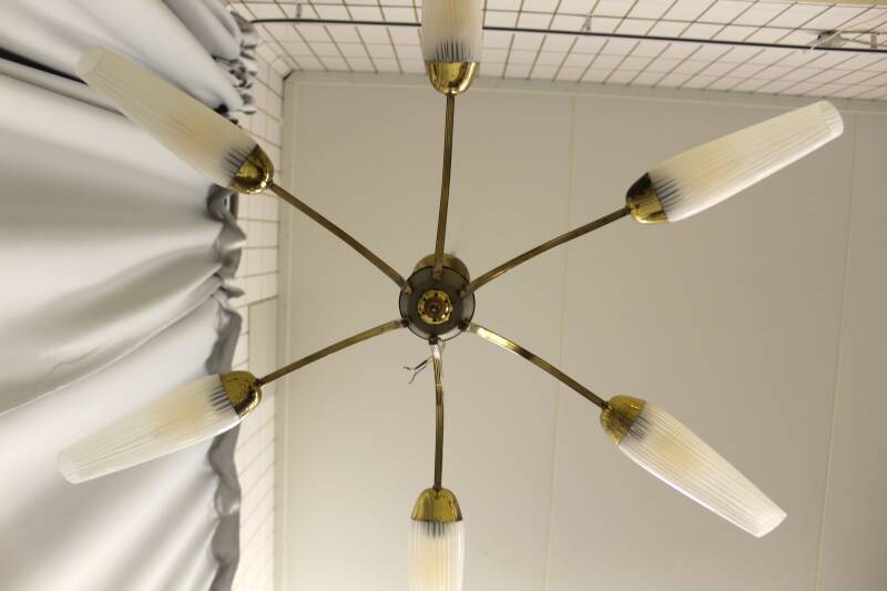Vintage hanglamp, 6-armig - messing, glas jaren '60/'70 | 00797