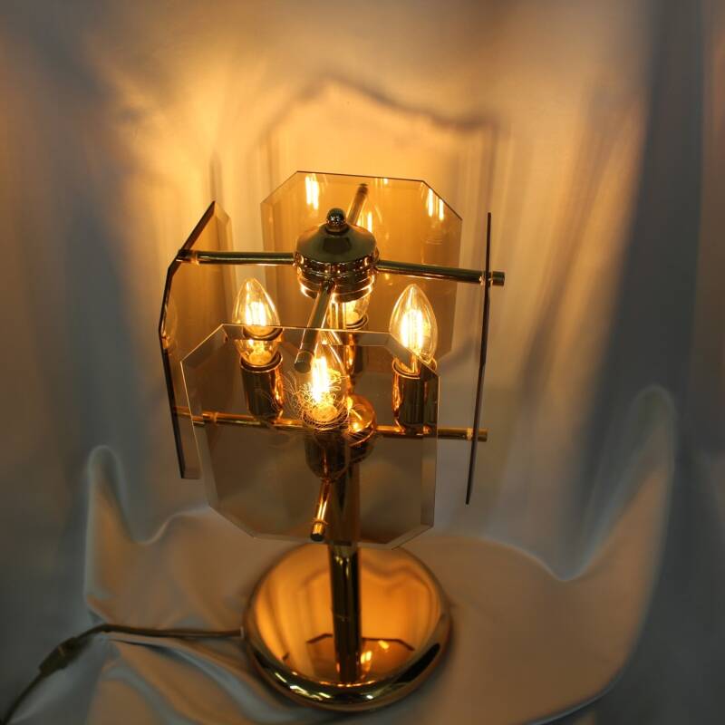 Vintage table lamp, smoked glass & brass