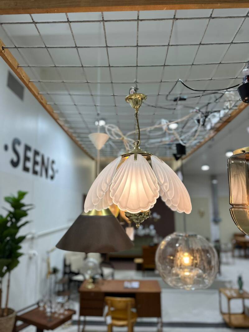 Vintage hanglamp - messing, glas, Hollywood Regency, jaren '70 | 01236