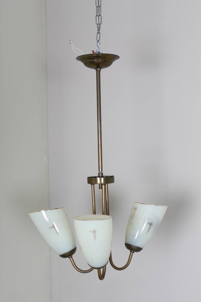 Vintage hanglamp, 3-armig - messing, glas jaren '50 | 01356