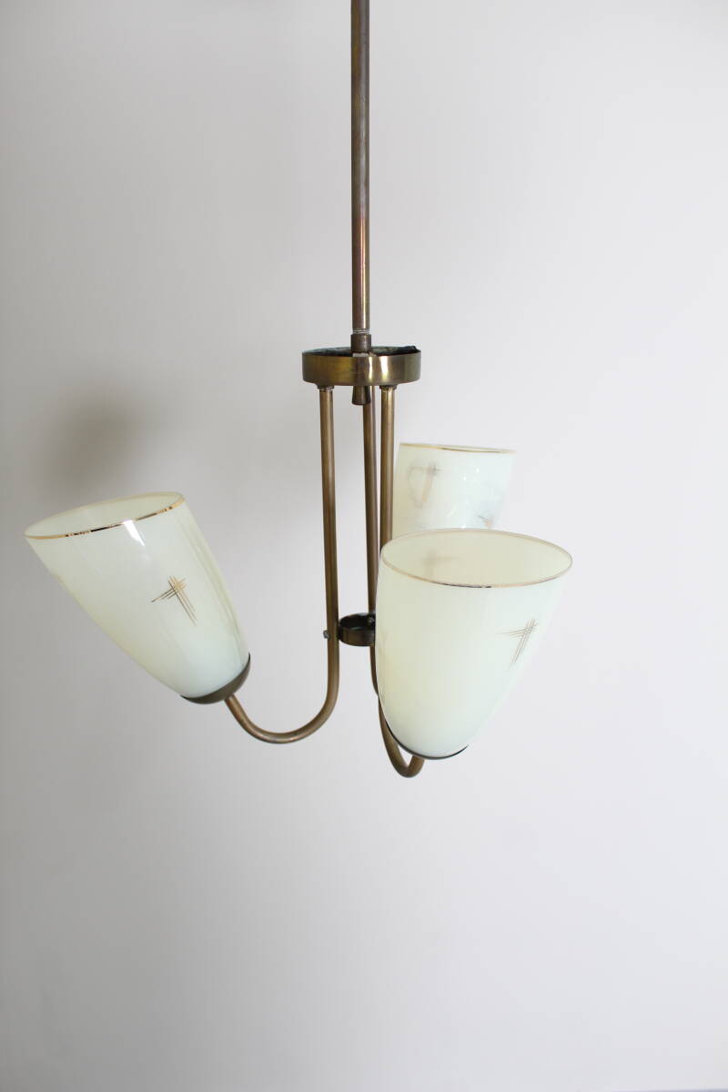 Vintage hanglamp, 3-armig - messing, glas jaren '50 | 01356