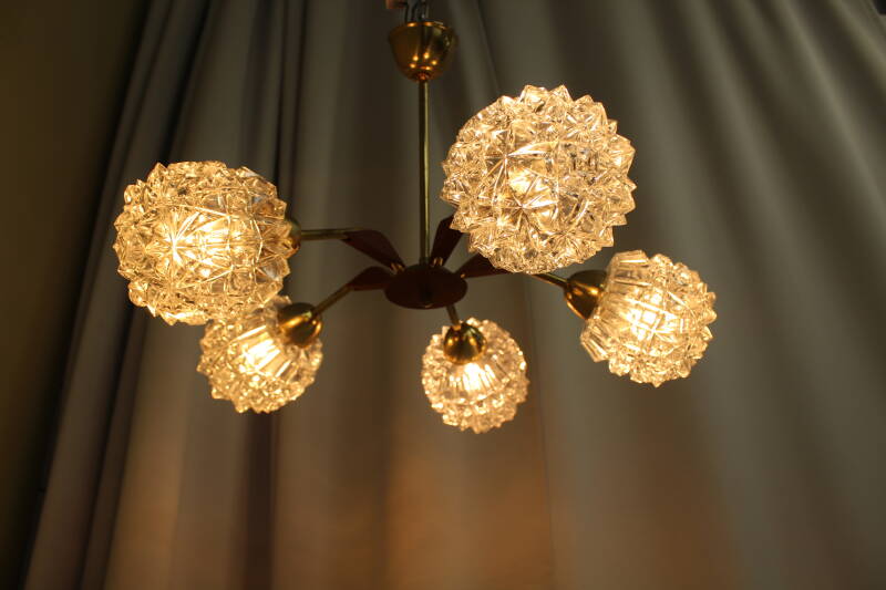 Vintage pendant lamp, 5-arms - brass, crystal, teak wood, 1960s | 00794
