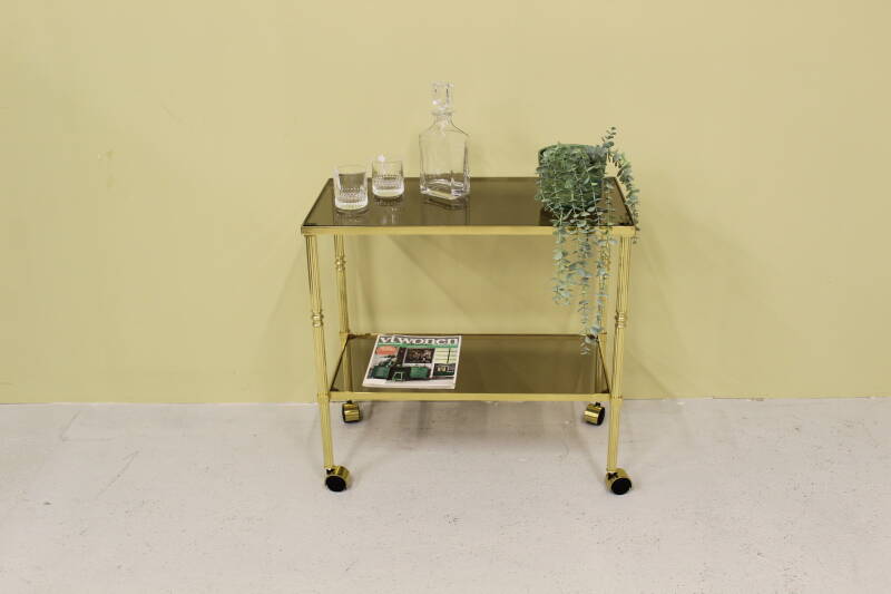 Vintage bar cart, serving trolley - brass, smoked glass, 1970s