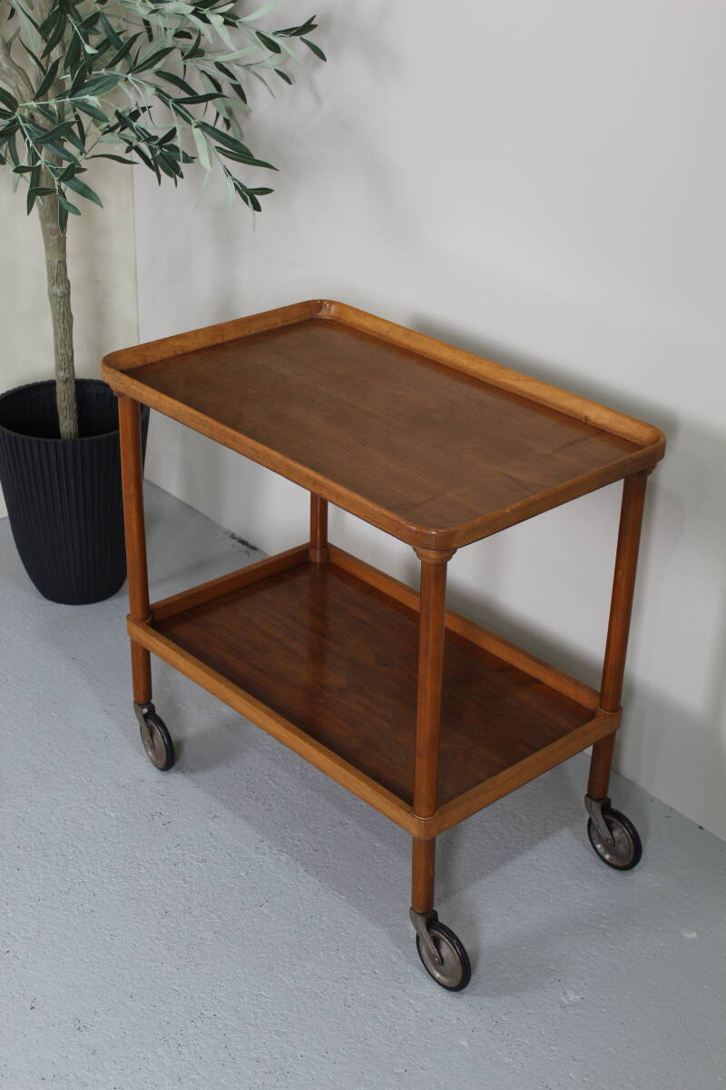 Vintage serving trolley, bar cart - wood, brass 1960s | 01314