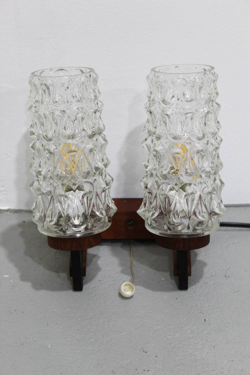 Vintage dubbele wandlamp - hout, glas jaren '60