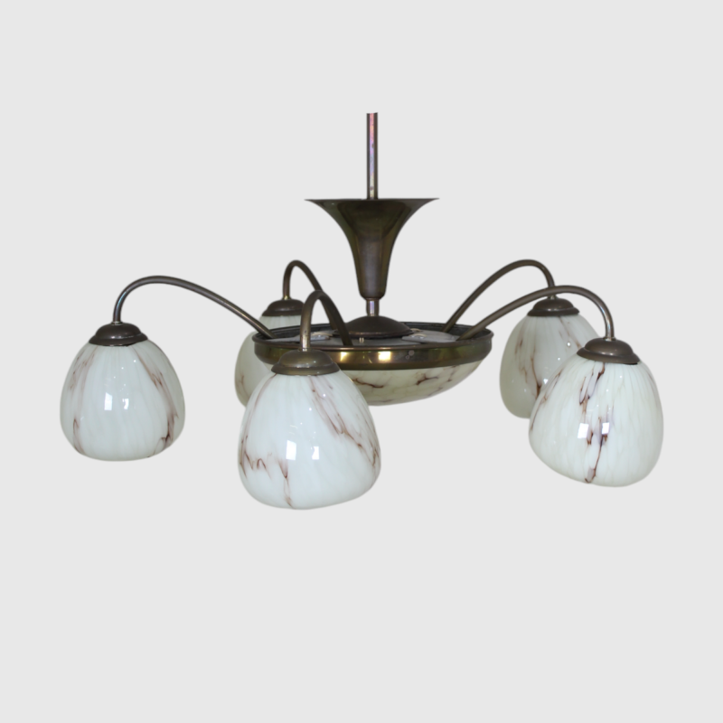Vintage hanglamp, 5-armig - art deco, messing, glas jaren '30/'40 | 01357