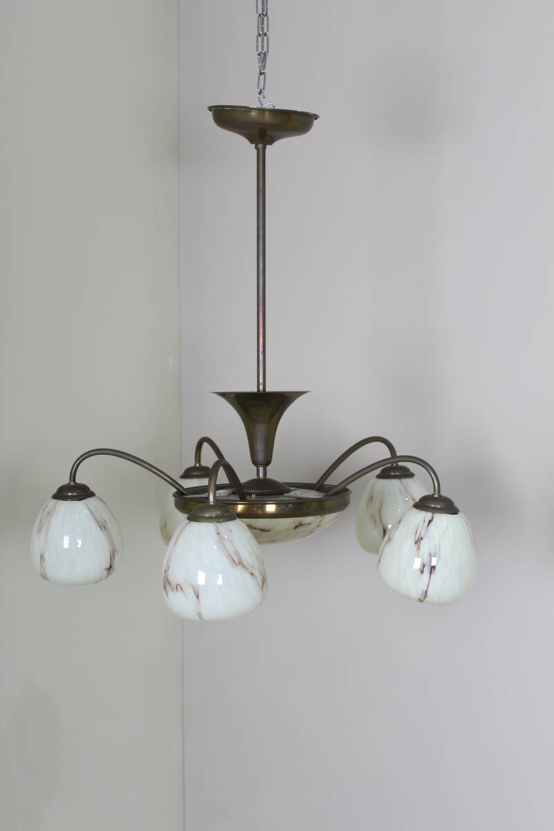Vintage hanglamp, 5-armig - art deco, messing, glas jaren '30/'40 | 01357