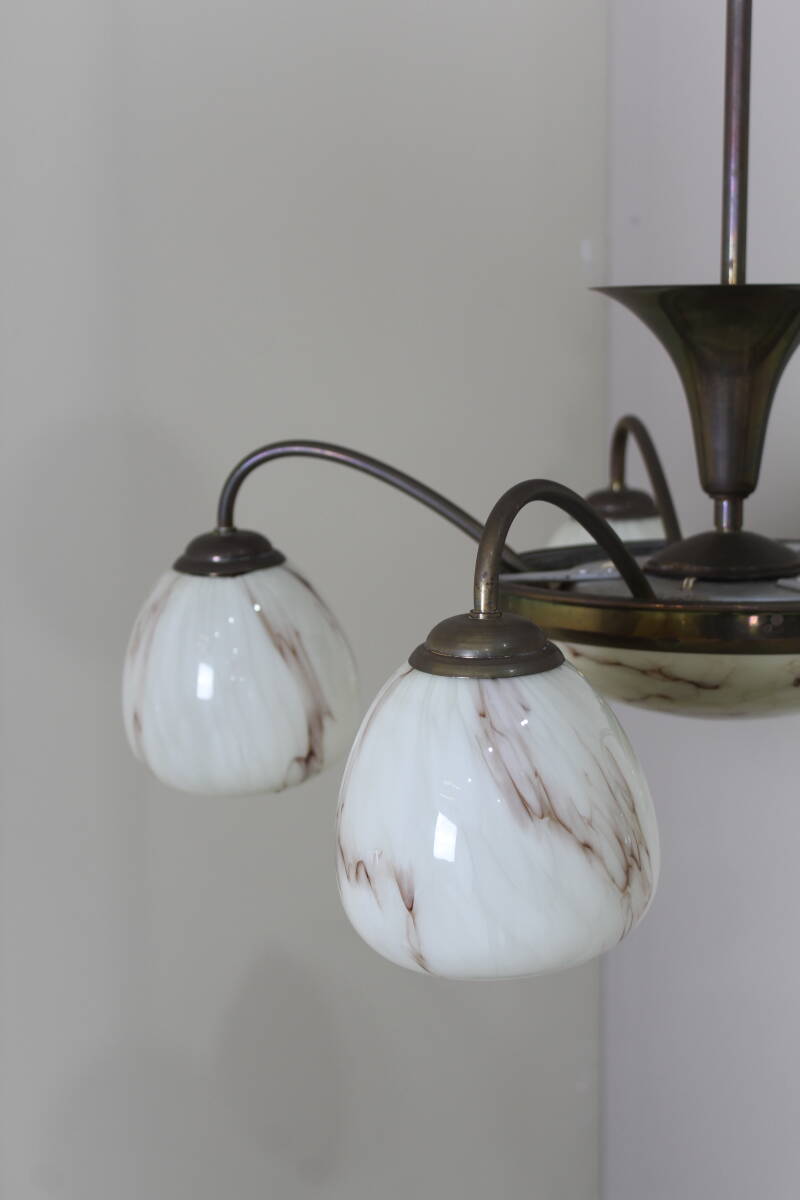Vintage hanglamp, 5-armig - art deco, messing, glas jaren '30/'40 | 01357