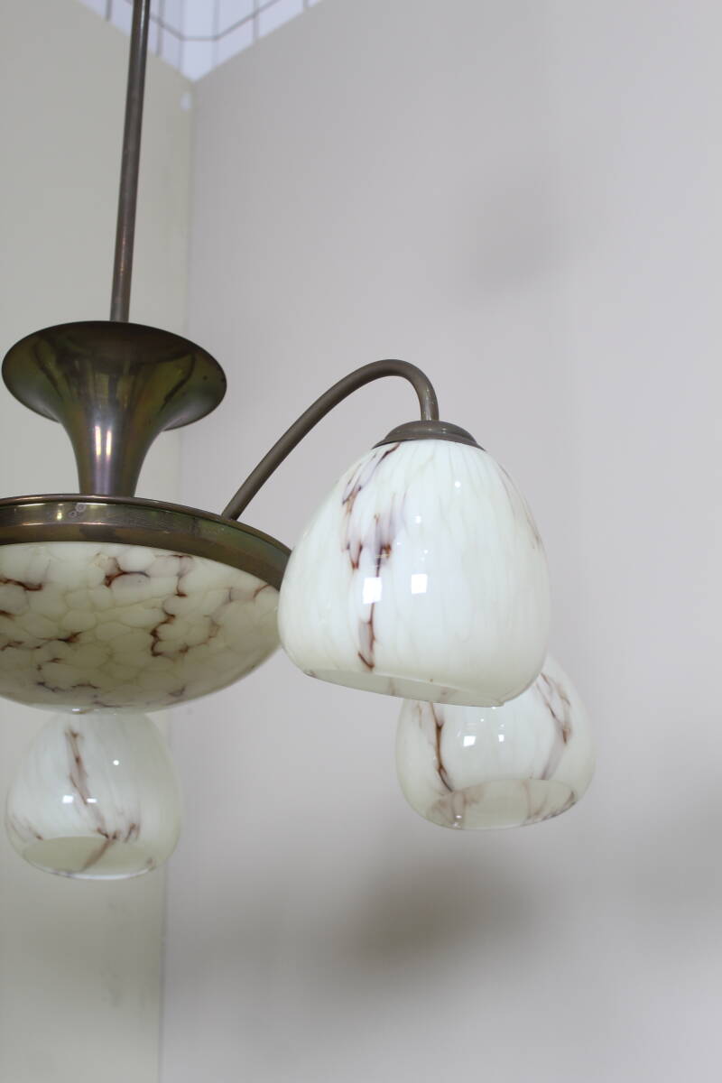 Vintage hanglamp, 5-armig - art deco, messing, glas jaren '30/'40 | 01357