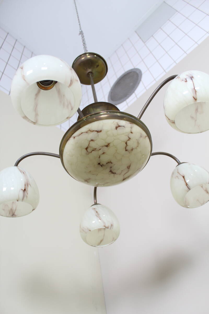 Vintage hanglamp, 5-armig - art deco, messing, glas jaren '30/'40 | 01357