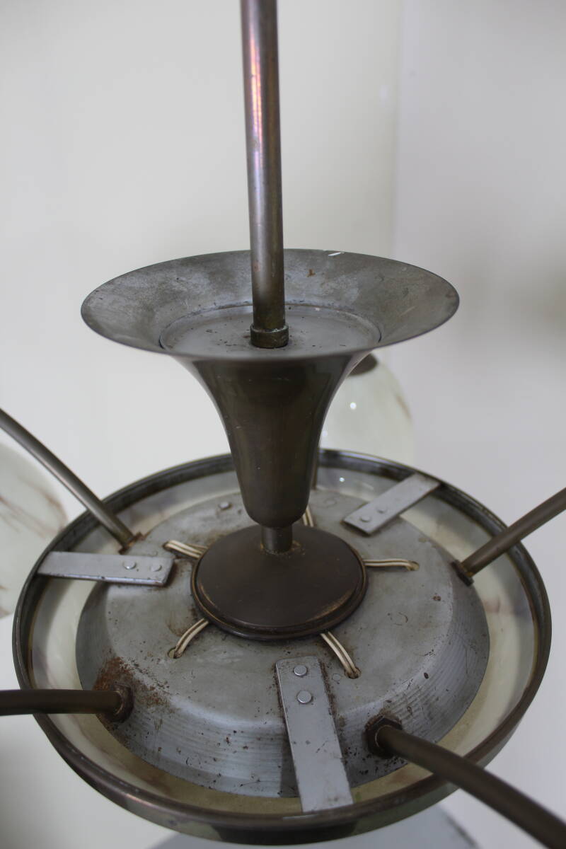 Vintage hanglamp, 5-armig - art deco, messing, glas jaren '30/'40 | 01357