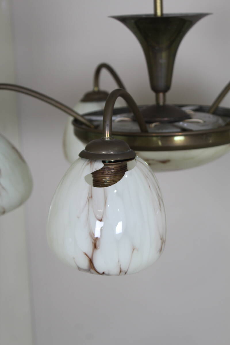 Vintage hanglamp, 5-armig - art deco, messing, glas jaren '30/'40 | 01357