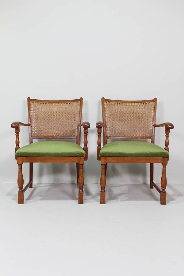 Vintage eetkamerstoelen - Lübke, groen, riet jaren '40/'50 | 01333