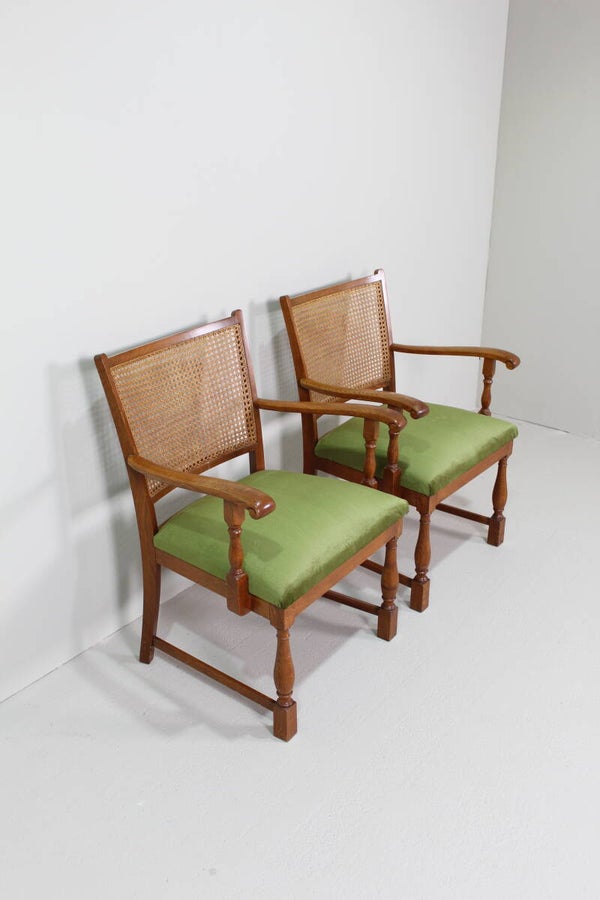 Vintage eetkamerstoelen - Lübke, groen, riet jaren '40/'50 | 01333
