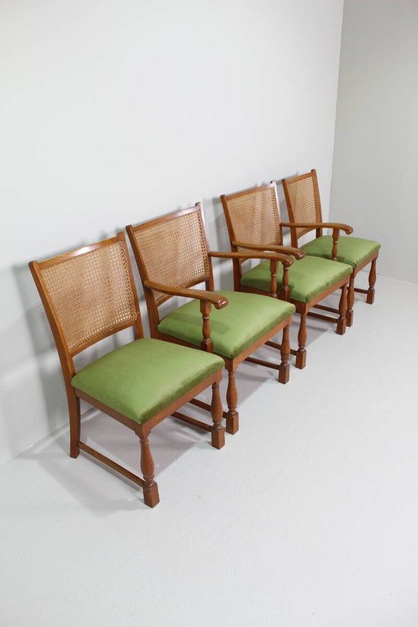 Vintage eetkamerstoelen - Lübke, groen, riet jaren '40/'50 | 01333
