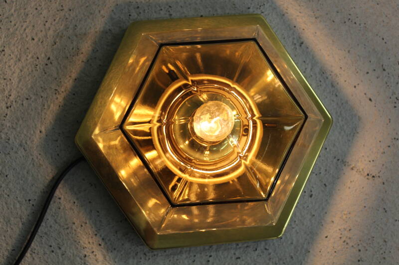 Vintage wandlamp, plafondlamp - messing, rookglas