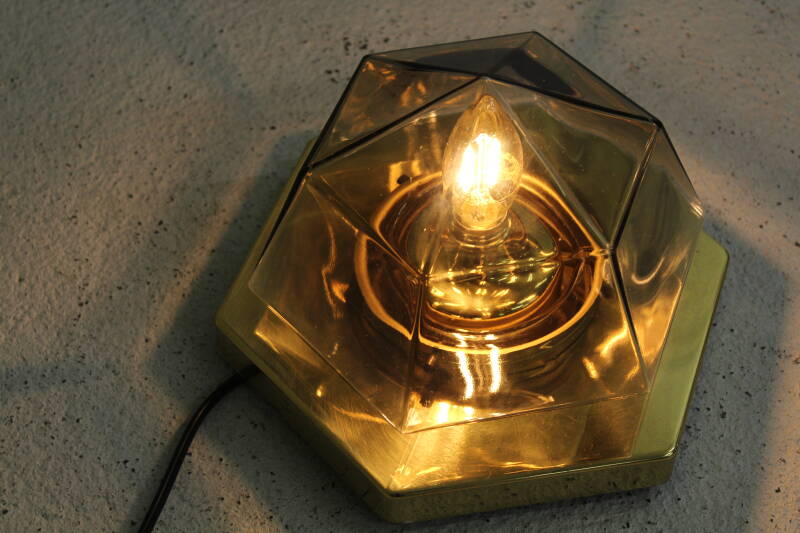 Vintage wandlamp, plafondlamp - messing, rookglas