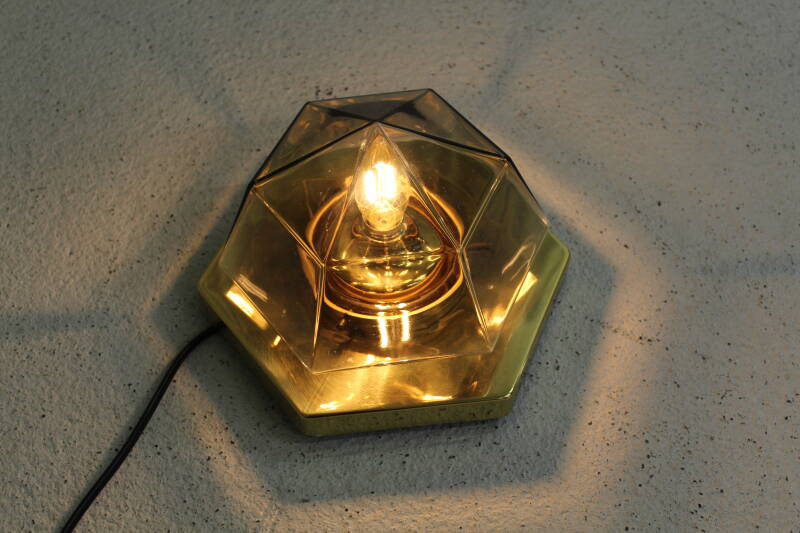 Vintage wandlamp, plafondlamp - messing, rookglas