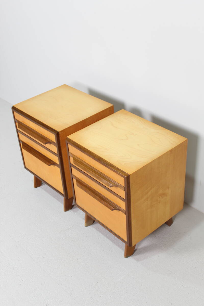 Vintage set of bedside tables, chests of drawers - 1950s, light wood | 01460