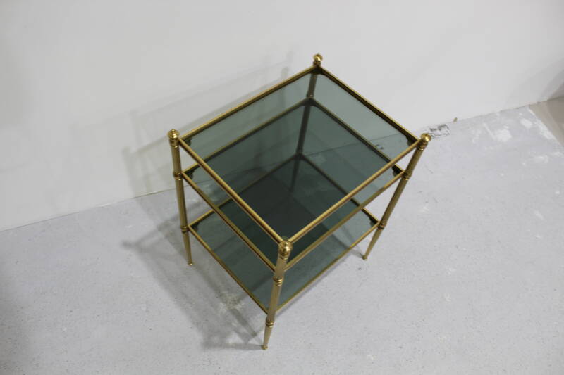 Vintage bijzettafel - blauw rookglas, messing jaren '70 | 01011