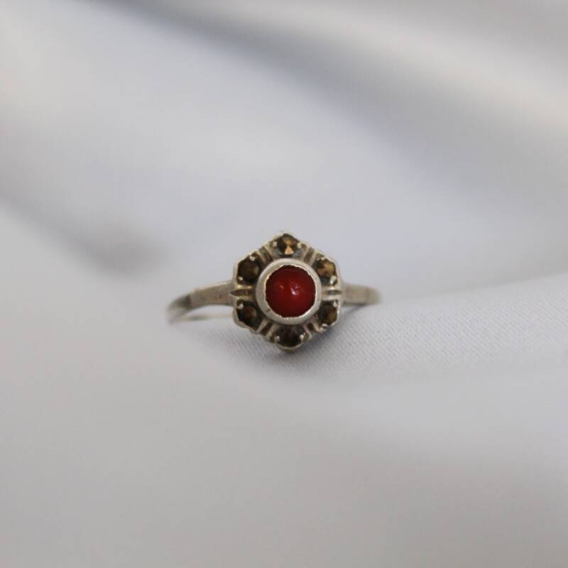 Vintage silver ring, blood coral and pyrite